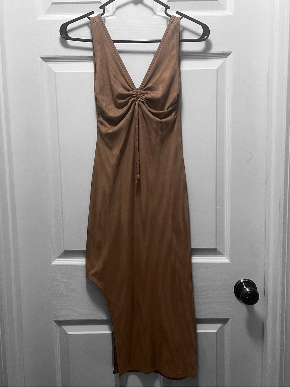Sleeveless Asymmetrical Midi Dress with Center Drawstring in Tan